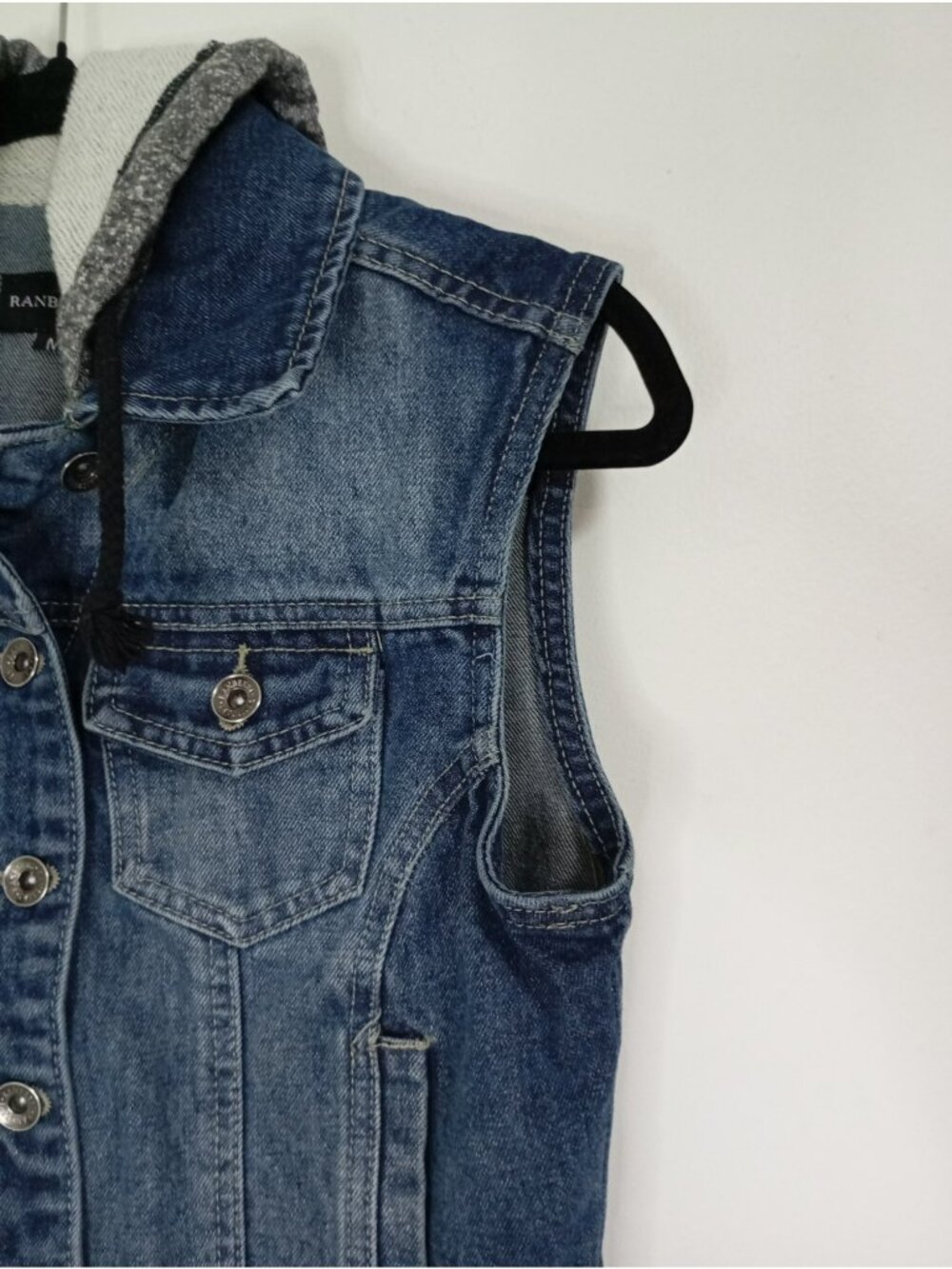 Denim Vest With Hooded Sweater Panel Medium Ranbeeri Cotton Blend Button-Up Blue - Picture 3 of 8